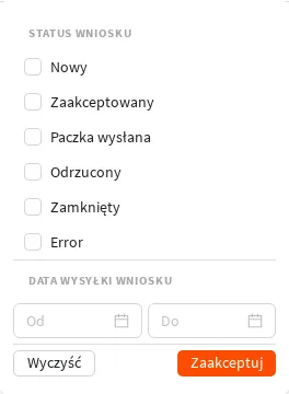 Statusy wniosku dostępne w filtrze listy