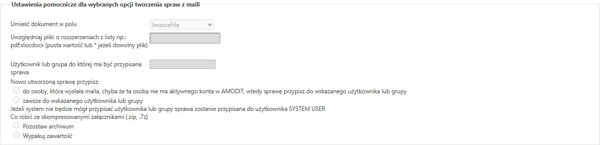 Sekcja ustawień pomocniczych dla wybranych opcji tworzenia spraw z maili