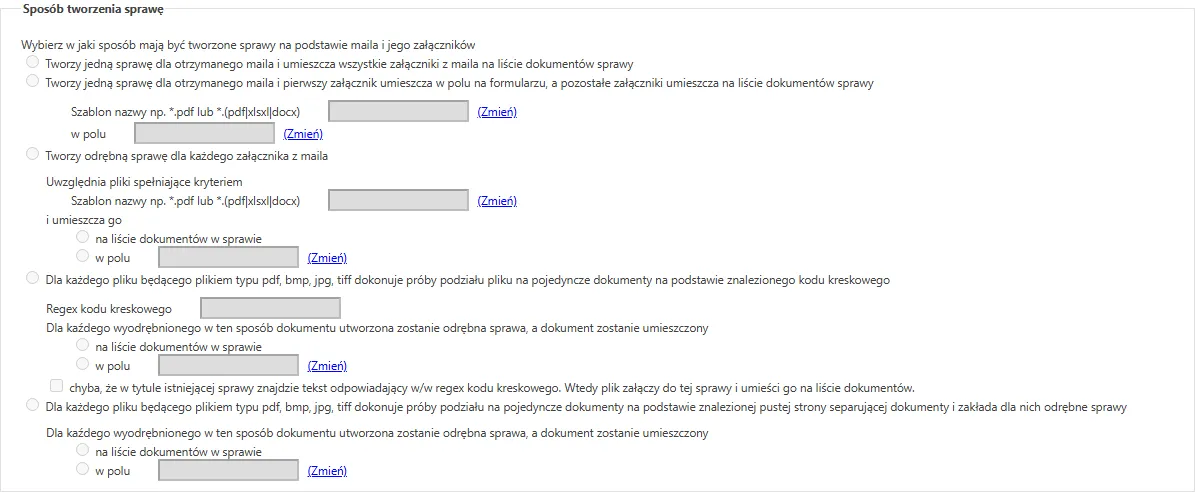 Sekcja sposobu tworzenia spraw z maila i załączników