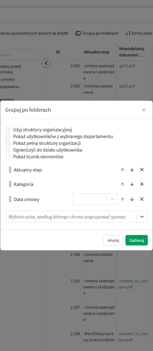 Okno Grupuj po folderach w konfiguracji raportu tabelarycznego