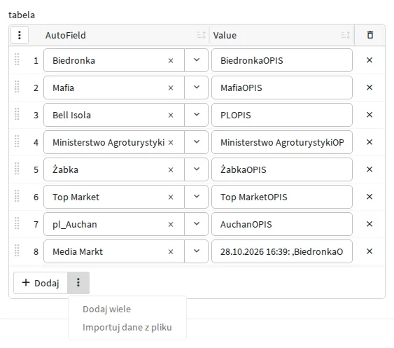 Menu obok przycisku Dodaj z opcjami Dodaj wiele i Importuj dane z pliku