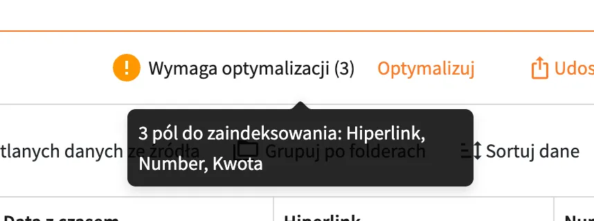 Komunikat Wymaga optymalizacji w raporcie tabelarycznym