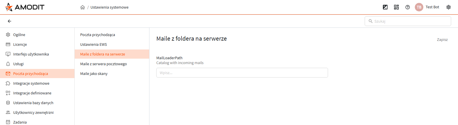 Podsekcja Maile z foldera na serwerze