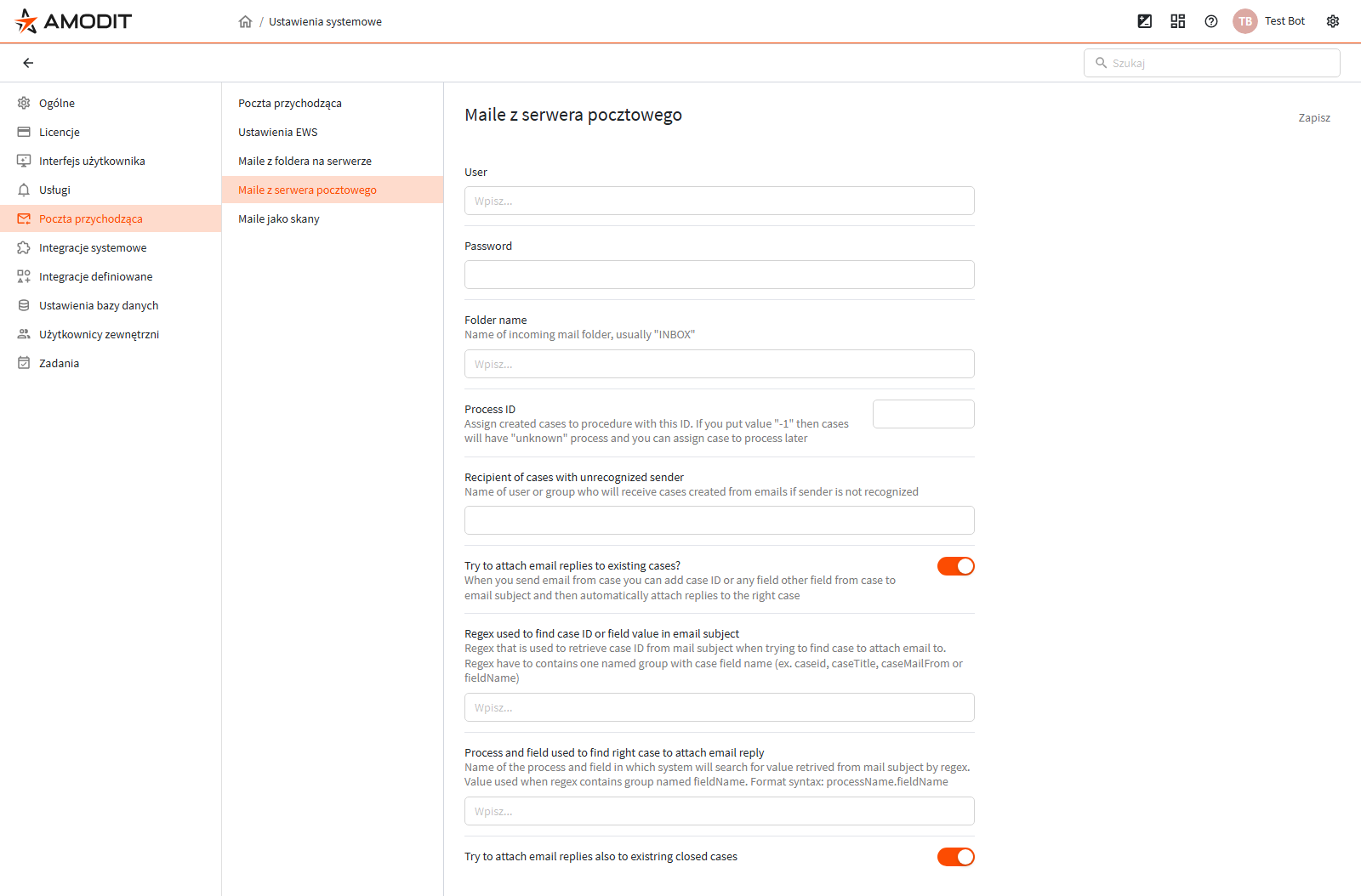 Podsekcja Maile z serwera pocztowego