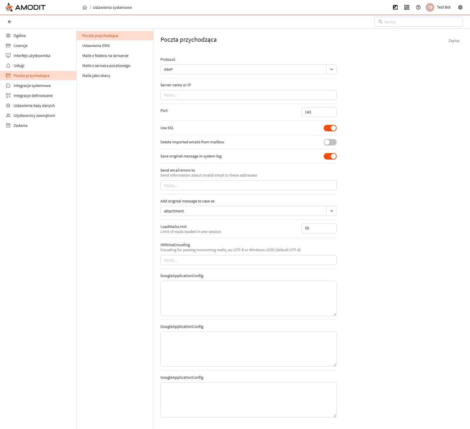 Sekcja Poczta przychodząca w ustawieniach systemowych