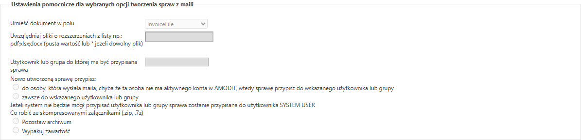 Sekcja ustawień pomocniczych dla wybranych opcji tworzenia spraw z maili