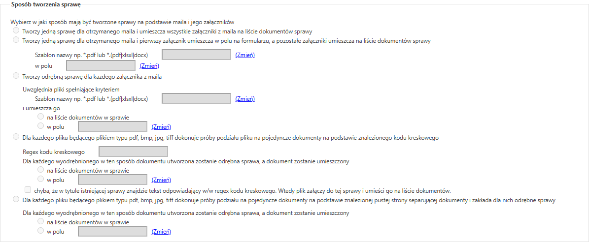 Sekcja sposobu tworzenia spraw z maila i załączników