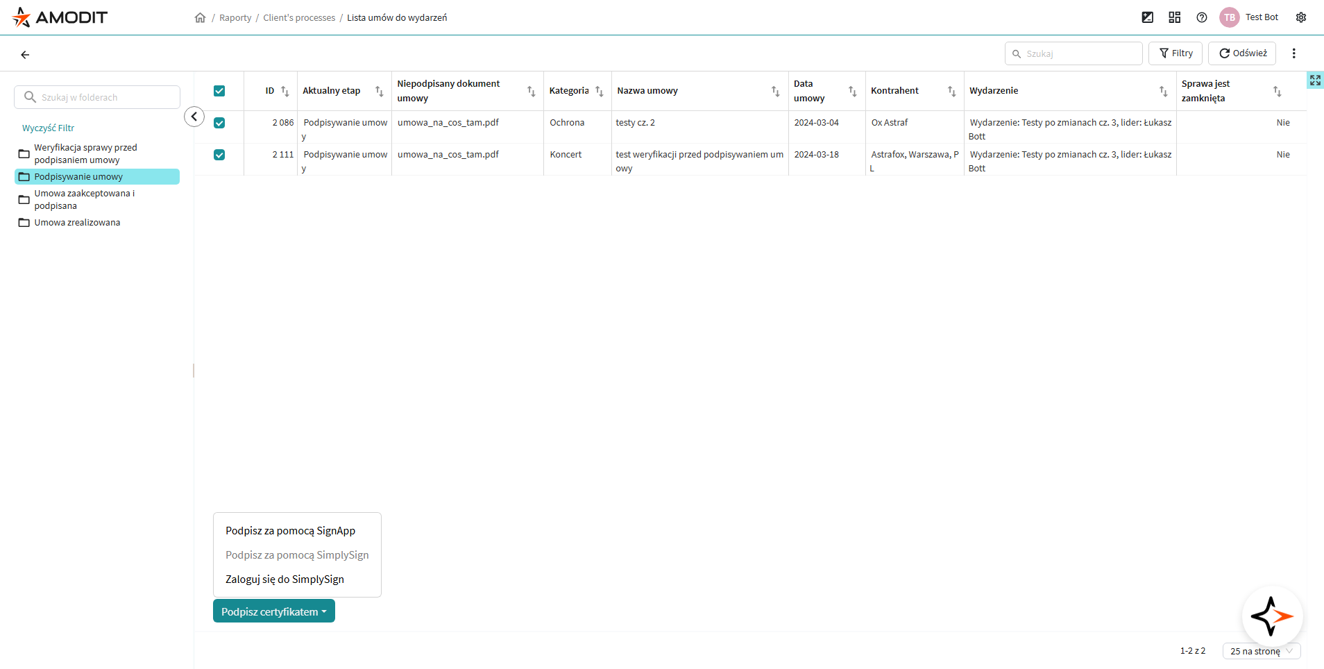Wybór podpisu SignApp z paska akcji masowych raportu