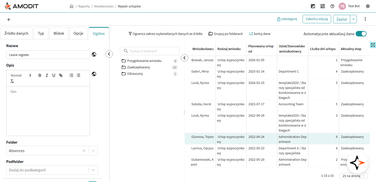 Zakładka Ogólne w edycji raportu