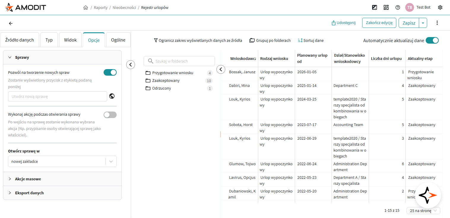 Opcje raportu dla typu z dodatkowymi ustawieniami