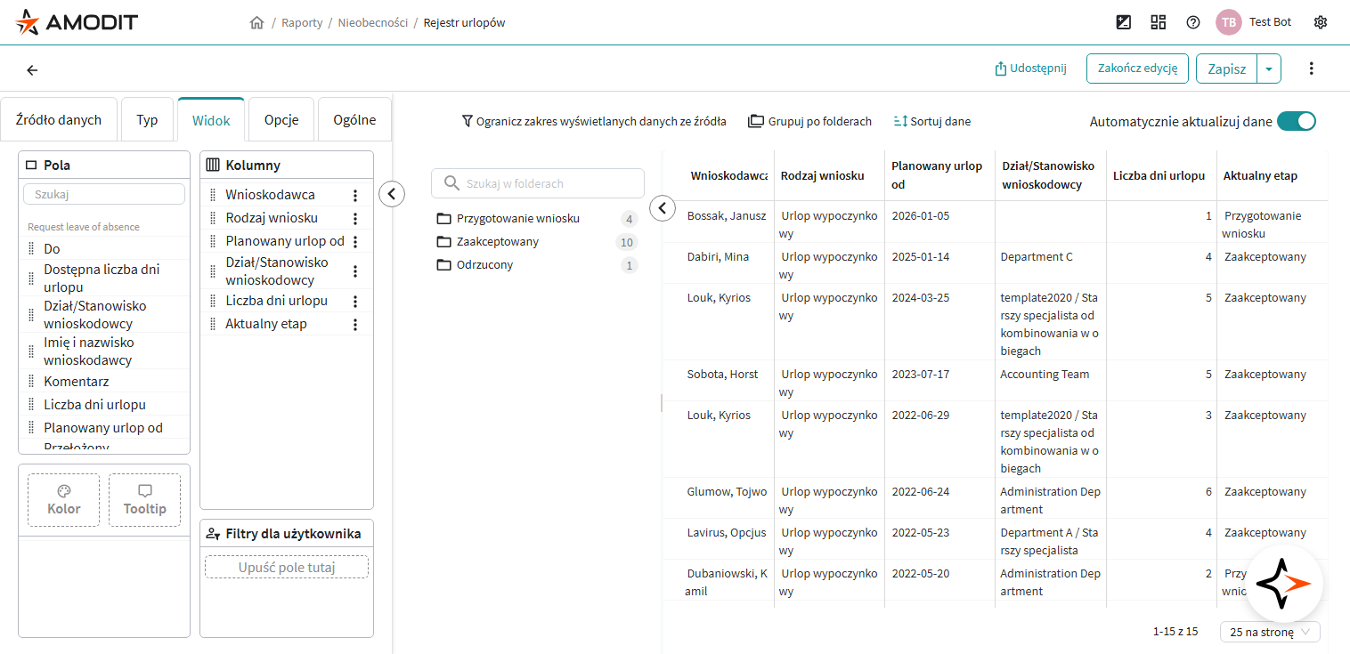 Edycja raportu na zakładce Widok