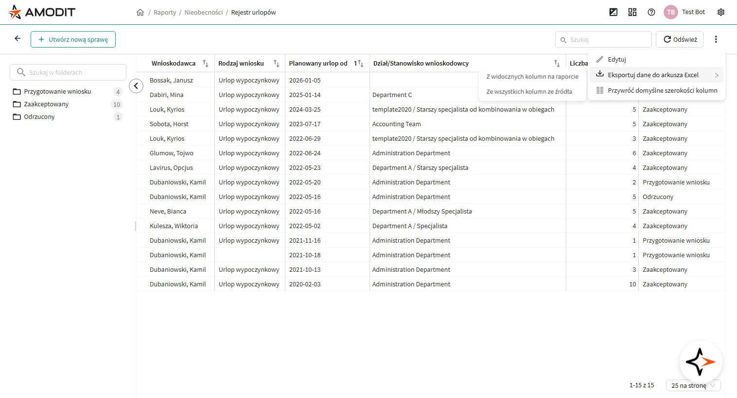 Menu Opcje z wariantami eksportu danych do arkusza Excel