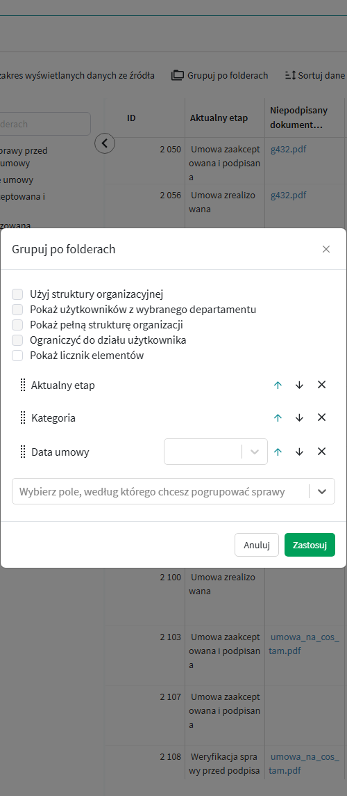 Okno Grupuj po folderach w konfiguracji raportu tabelarycznego