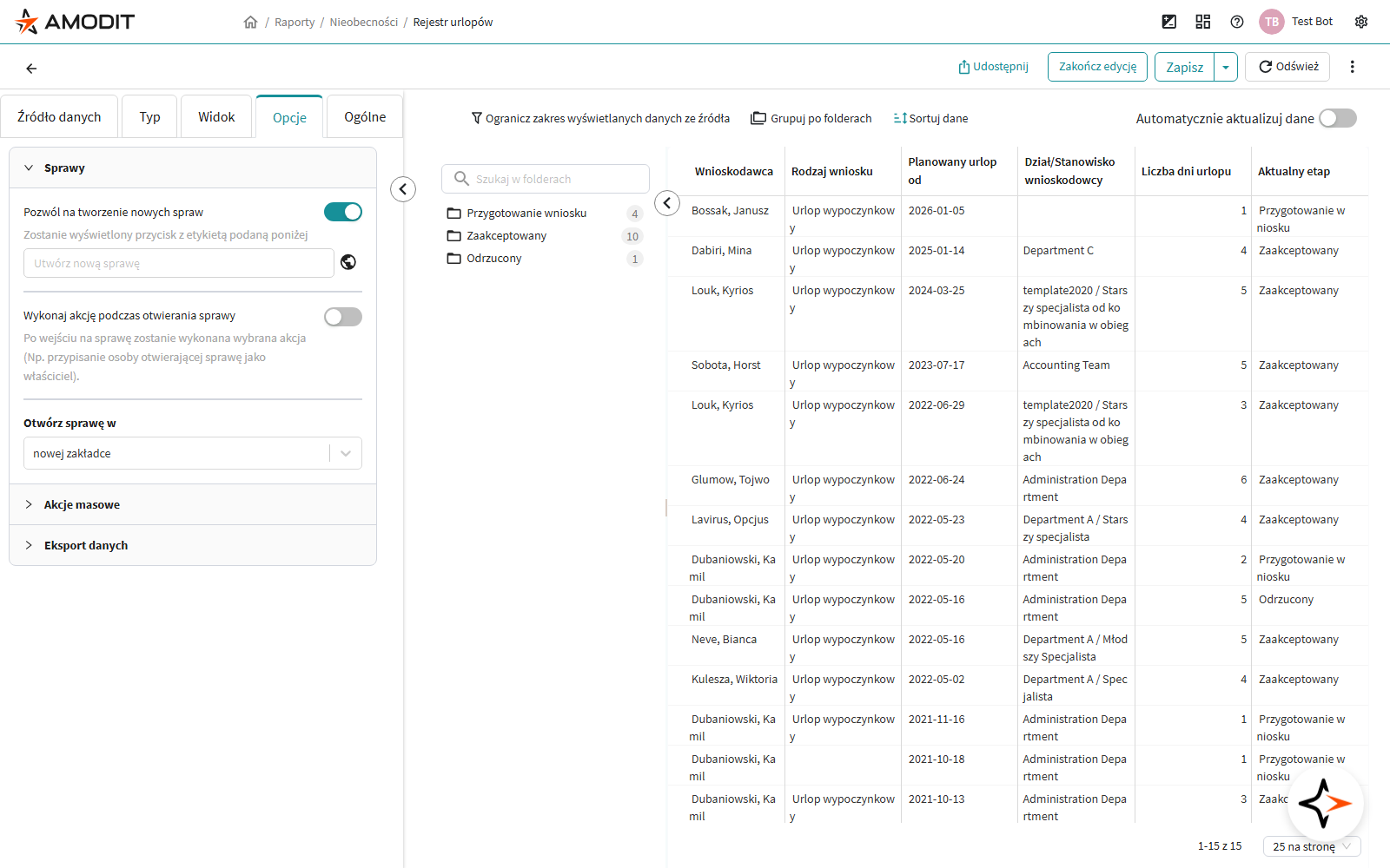 Sekcja Sprawy w zakładce Opcje raportu