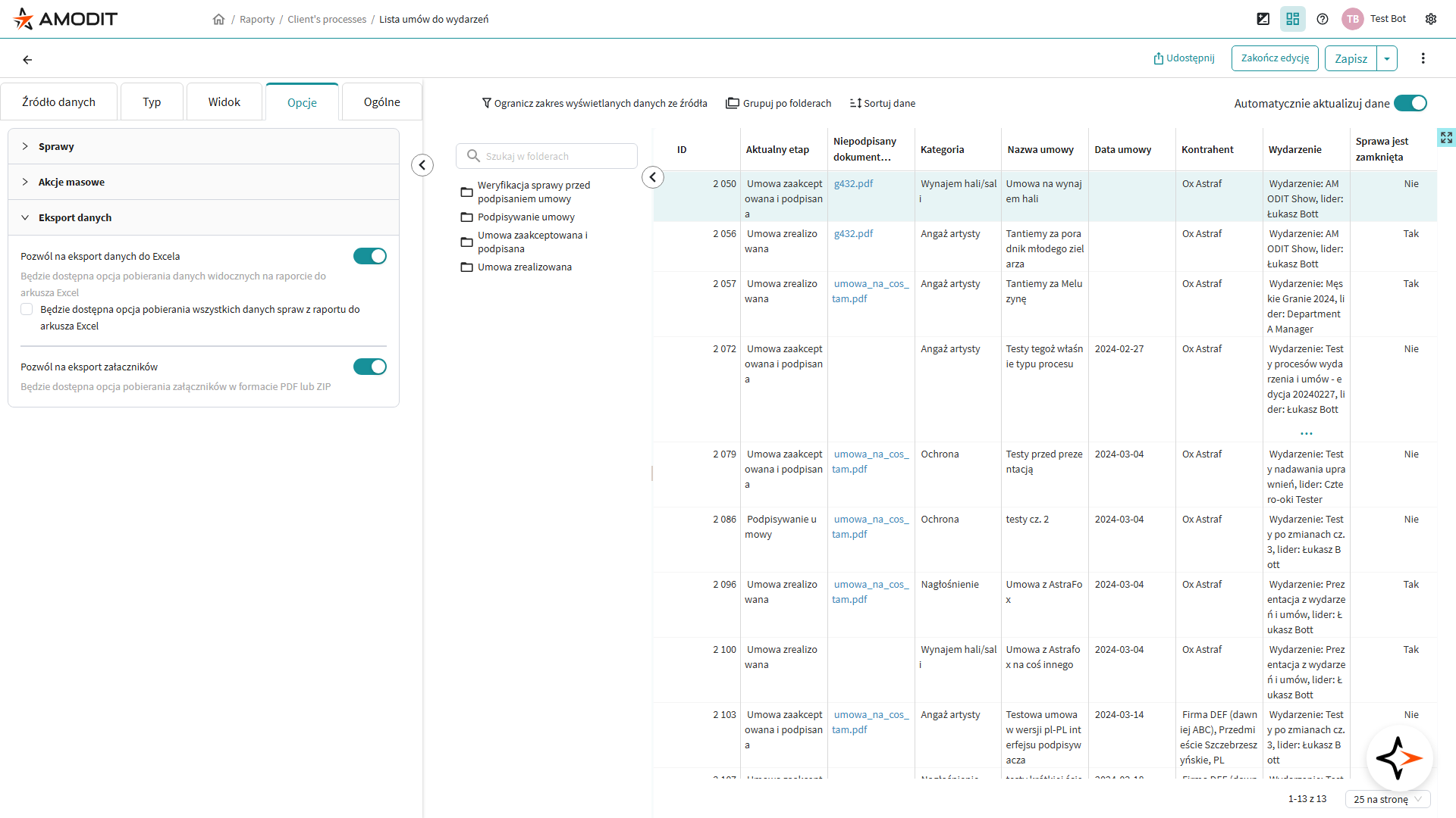 Sekcja Eksport danych w zakładce Opcje raportu
