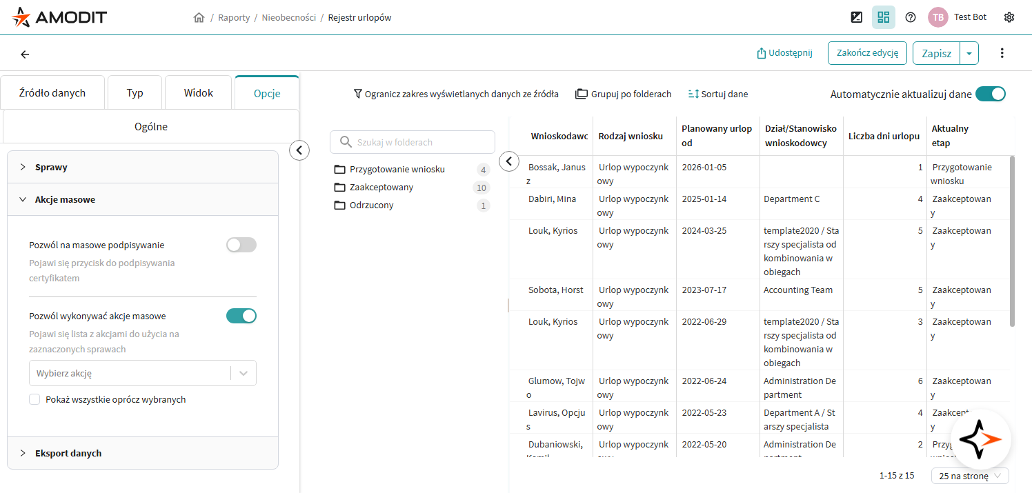 Sekcja Akcje masowe w zakładce Opcje raportu