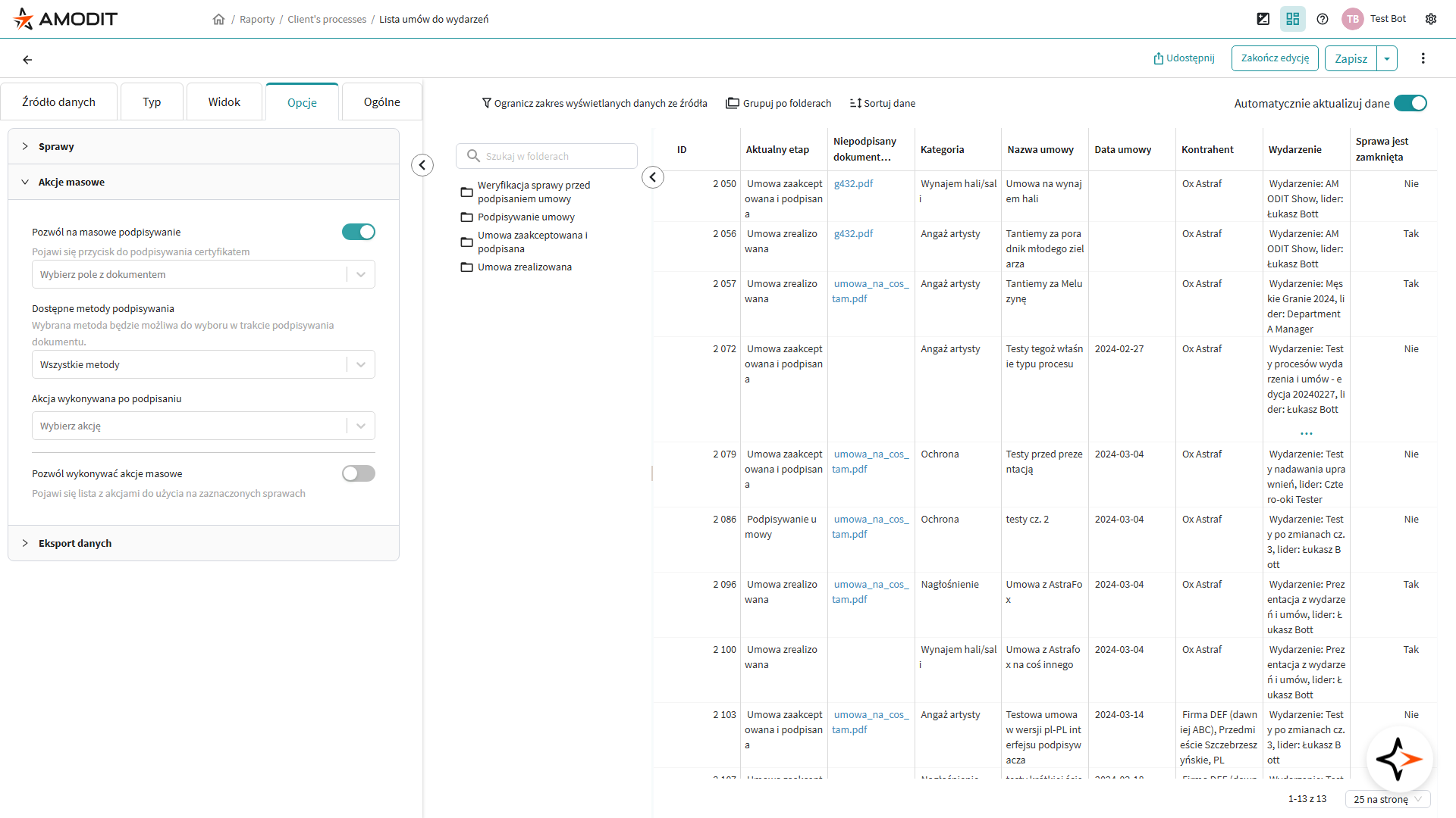 Sekcja Akcje masowe z włączonym podpisywaniem masowym