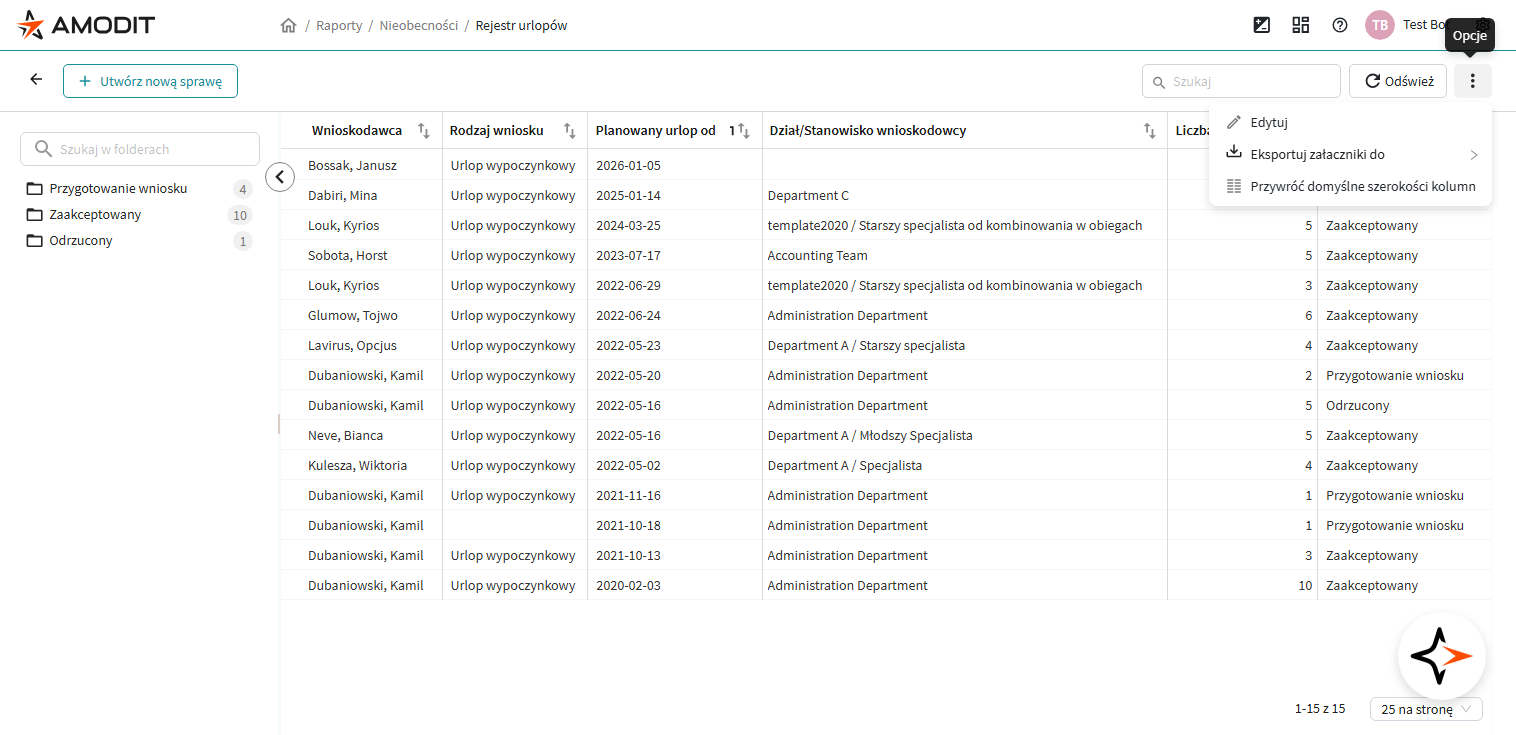 Menu opcji gotowego raportu