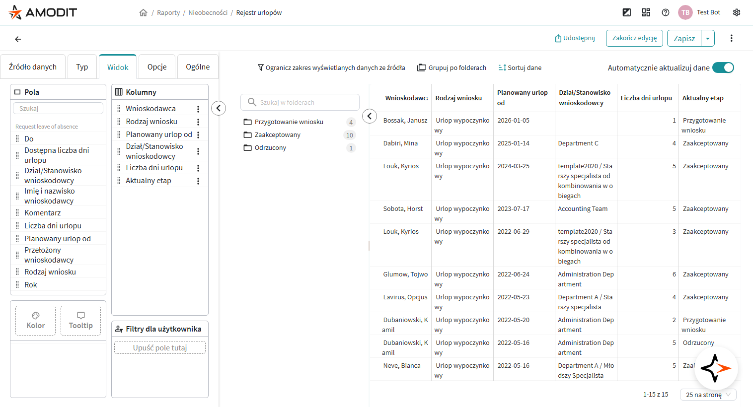 Konfiguracja filtrów użytkownika w zakładce Widok