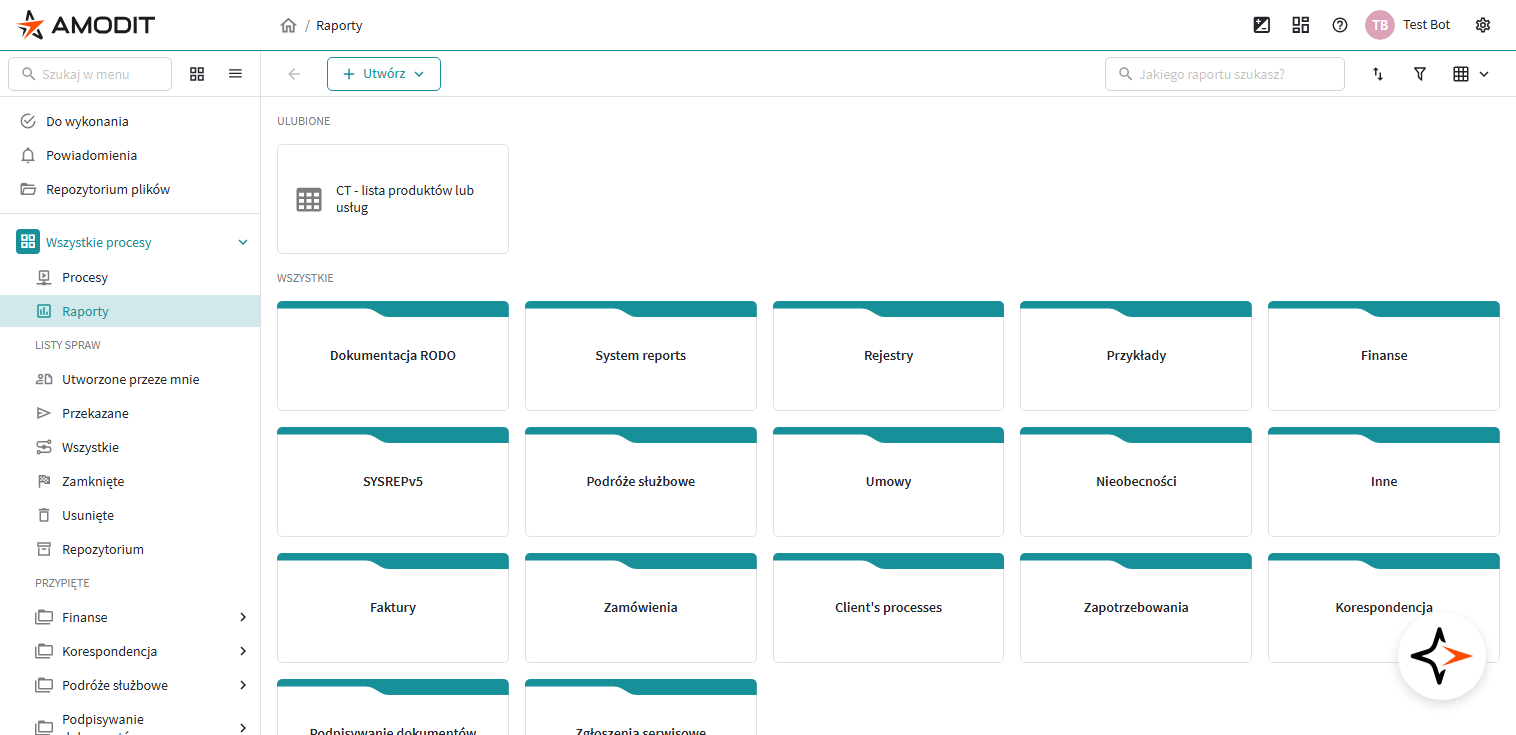 Widok listy raportów w układzie kafelkowym
