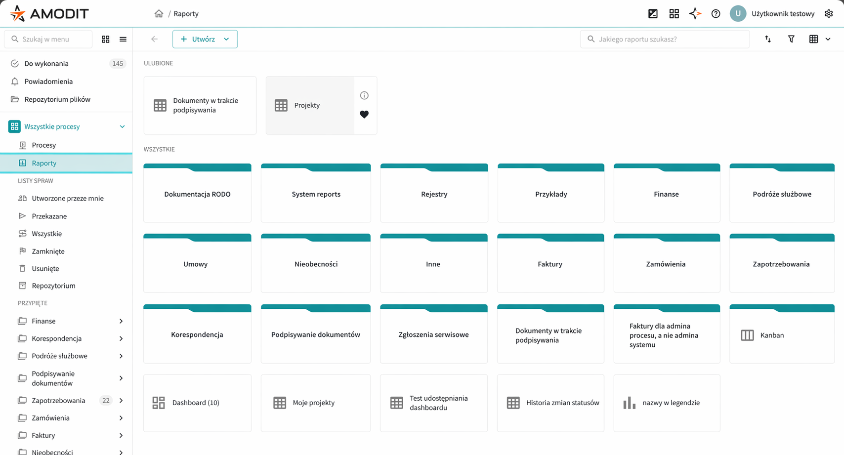 Ekran listy raportów w module raportowym AMODIT