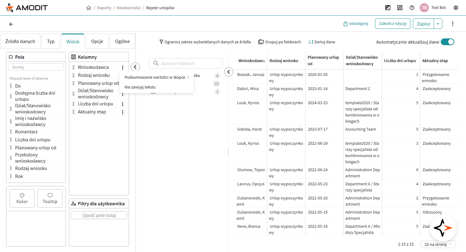 Menu ustawień kolumny w widoku tabeli