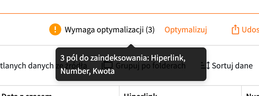 Komunikat Wymaga optymalizacji w raporcie tabelarycznym