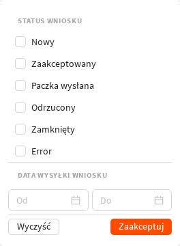 Statusy wniosku dostępne w filtrze listy