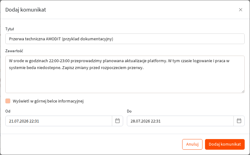 Formularz dodawania komunikatu z opcją górnej belki i oknem publikacji